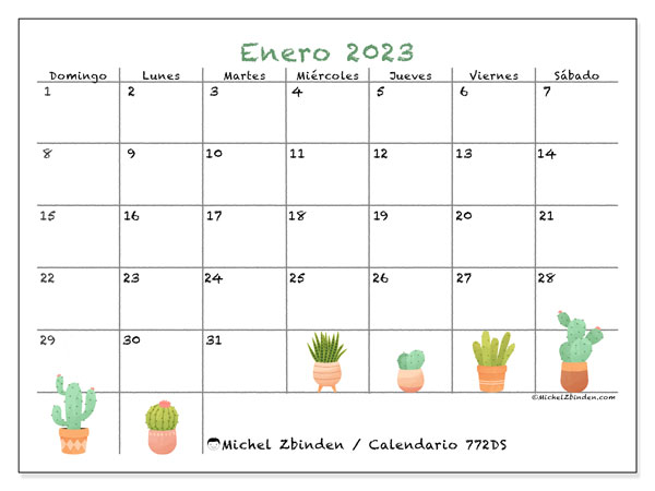 Calendario enero de 2023 para imprimir. Calendario mensual “772DS” y planificación imprimibile