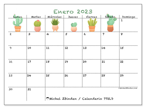 Calendario enero de 2023 para imprimir. Calendario mensual “772LD” y almanaque para imprimer gratis