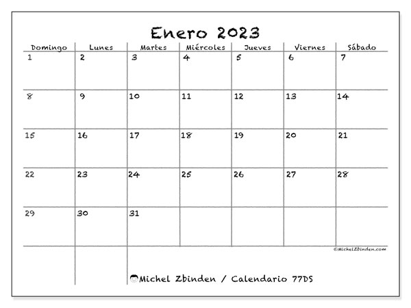 Calendario enero de 2023 para imprimir. Calendario mensual “77DS” y cronograma para imprimer gratis