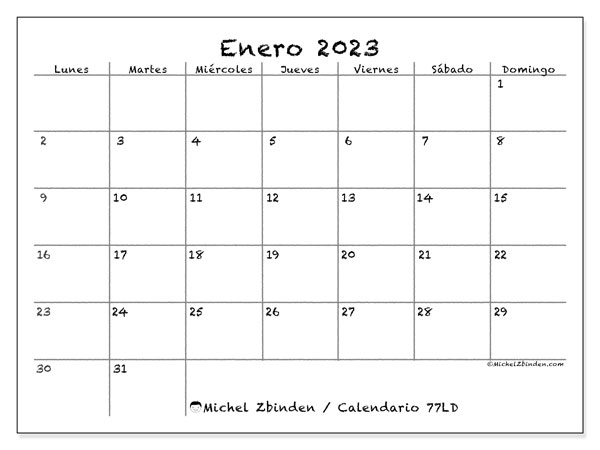 Calendario enero de 2023 para imprimir. Calendario mensual “77LD” y cronograma gratuito para imprimir