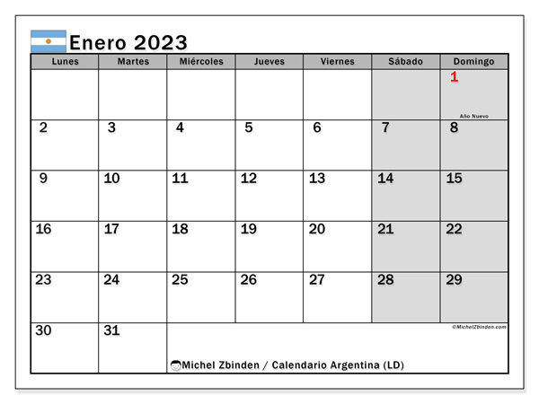 Calendario “Argentina (LD)” para imprimir, con festivos. Calendario mensual enero de 2023 y agenda gratuito para imprimir.