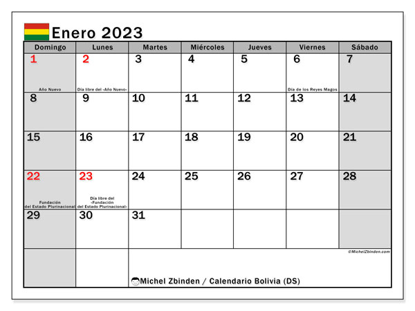 Calendario para imprimir, enero de 2023, Bolivia (DS)