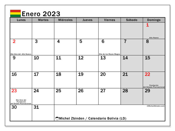Calendario para imprimir, enero de 2023, Bolivia (LD)