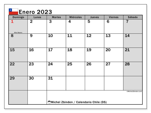 Calendario para imprimir, enero de 2023, Chile (DS)