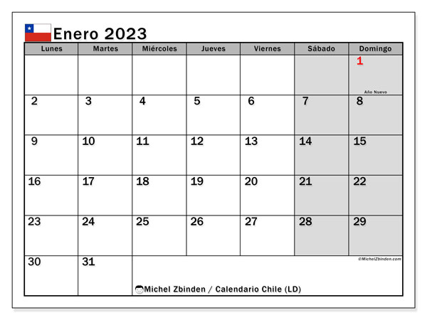 Calendario para imprimir, enero de 2023, Chile (LD)