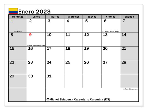 Calendario para imprimir, enero de 2023, Colombia (DS)