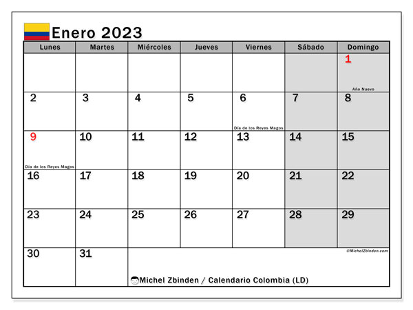 Calendario para imprimir, enero 2023, Colombia (LD)