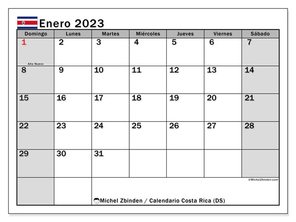 Calendario para imprimir, enero de 2023, Costa Rica (DS)
