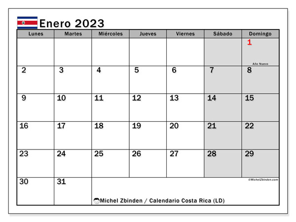 Calendario para imprimir, enero de 2023, Costa Rica (LD)