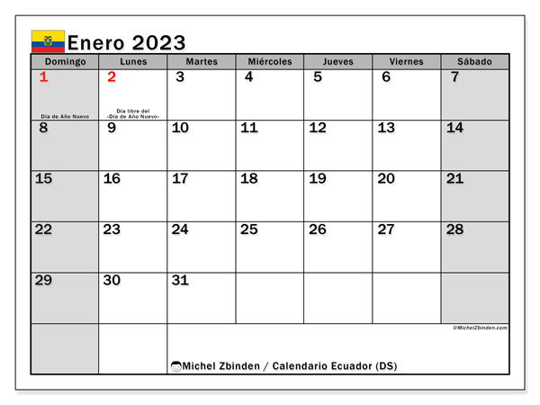 Calendario para imprimir, enero de 2023, Ecuador (DS)