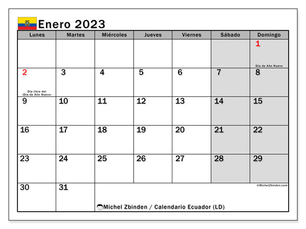 Calendario con los días festivos de Ecuador, Enero 2023, para imprimir, gratis. Organizador para imprimir gratis