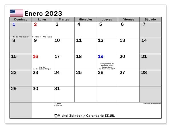 Calendario con los días festivos de Estados Unidos, enero de 2023, para imprimir, gratis. Agenda imprimible gratuita