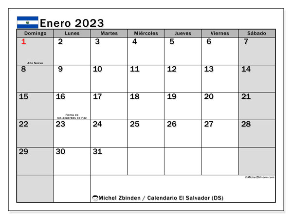 Calendario para imprimir, enero de 2023, El Salvador (DS)