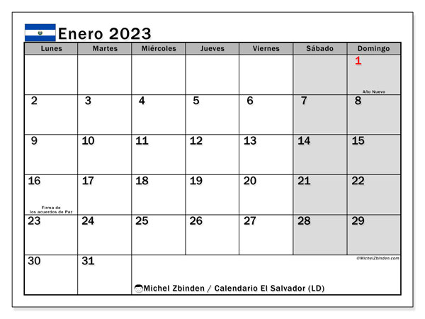 Calendario para imprimir, enero de 2023, El Salvador (LD)