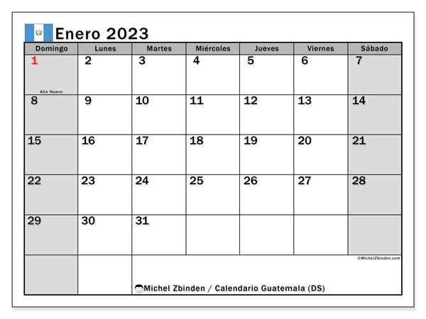 Calendario para imprimir, enero de 2023, Guatemala (DS)