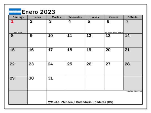 Calendario para imprimir, enero de 2023, Honduras (DS)