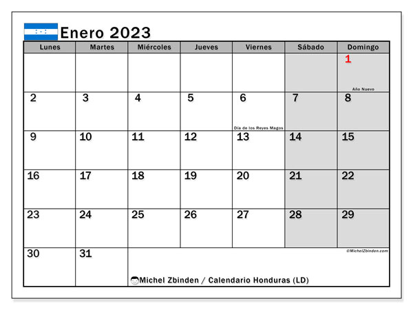 Calendario para imprimir, enero de 2023, Honduras (LD)