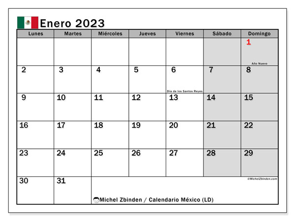 Calendario “México (LD)” para imprimir, con festivos. Calendario mensual enero de 2023 y agenda gratuito para imprimir.