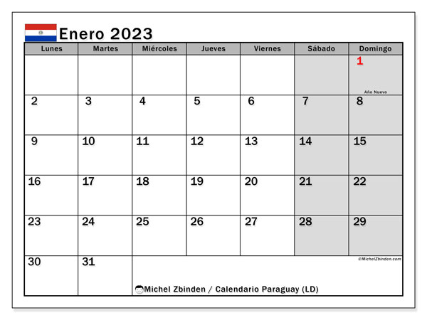 Calendario para imprimir, enero de 2023, Paraguay (LD)