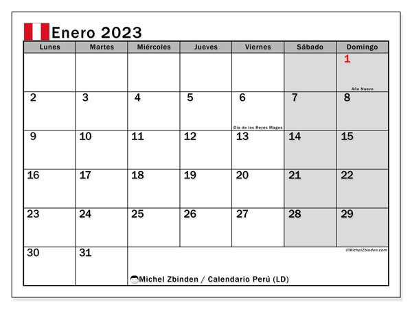 Calendario para imprimir, enero de 2023, Perú (LD)