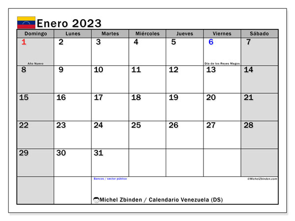 Calendario para imprimir, enero de 2023, Venezuela (DS)