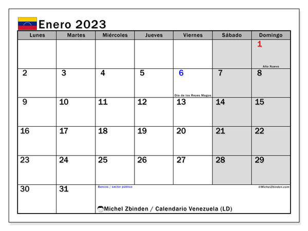 Calendario para imprimir, enero de 2023, Venezuela (LD)