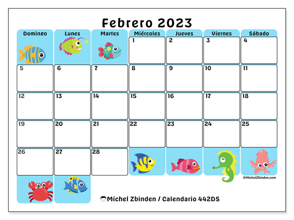 Calendario 442DS, febrero de 2023, para imprimir gratuitamente. Agenda imprimible gratuita