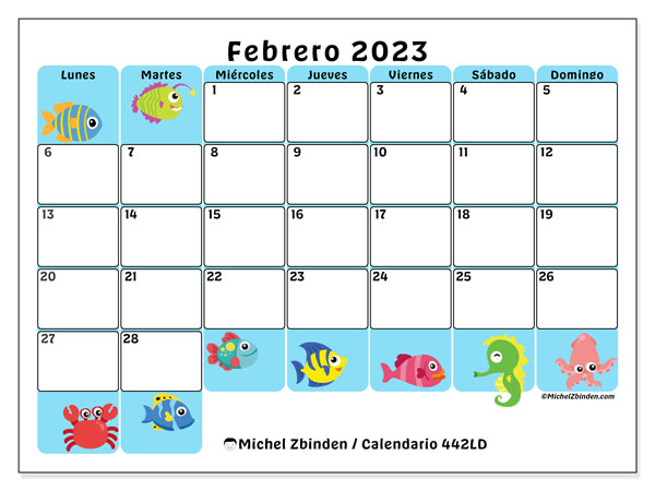 Calendario 442LD, febrero de 2023, para imprimir gratuitamente. Programación imprimible gratuita