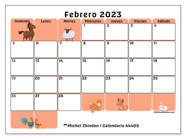 Calendario 444DS, febrero de 2023, para imprimir gratuitamente. Agenda imprimible gratuita