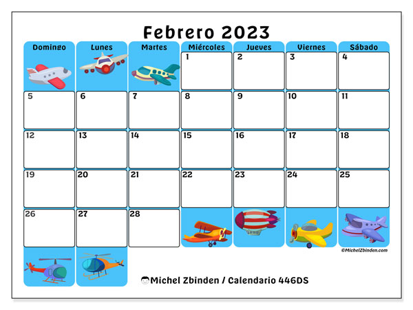 446DS, calendario de febrero de 2023, para su impresión, de forma gratuita.