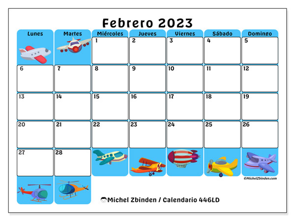Calendario 446LD, febrero de 2023, para imprimir gratuitamente. Programación para imprimir gratis
