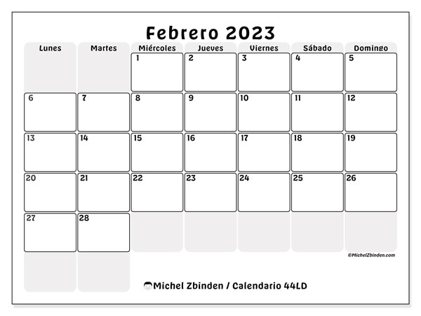 Calendario febrero de 2023 para imprimir. Calendario mensual “44LD” y cronograma para imprimer gratis