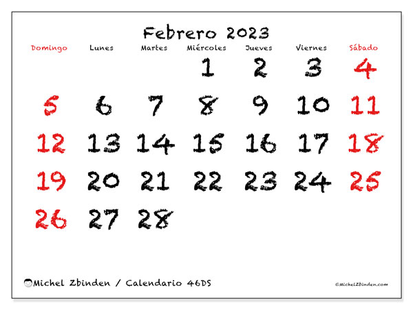 Calendario 46DS, febrero de 2023, para imprimir gratuitamente. Agenda gratuita para imprimir