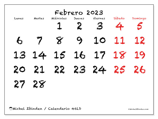 Calendario febrero de 2023 para imprimir. Calendario mensual “46LD” y almanaque gratuito para imprimir