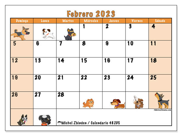 Calendario 482DS, febrero de 2023, para imprimir gratuitamente. Agenda imprimible gratuita