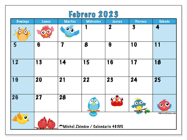 Calendario para imprimir, febrero 2023, 483DS