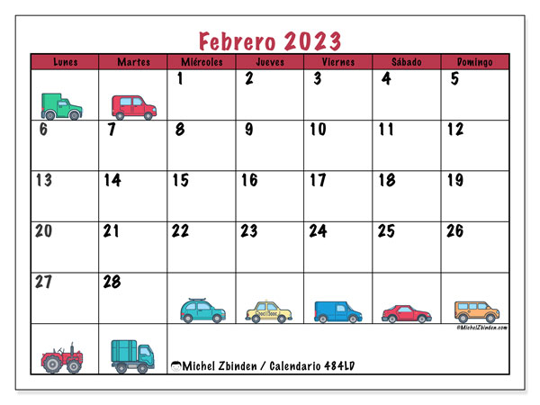 Calendario febrero 2023 “484”. Diario para imprimir gratis.. De lunes a domingo