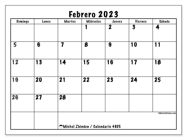 Calendario febrero de 2023 para imprimir. Calendario mensual “48DS” y almanaque gratuito para imprimir