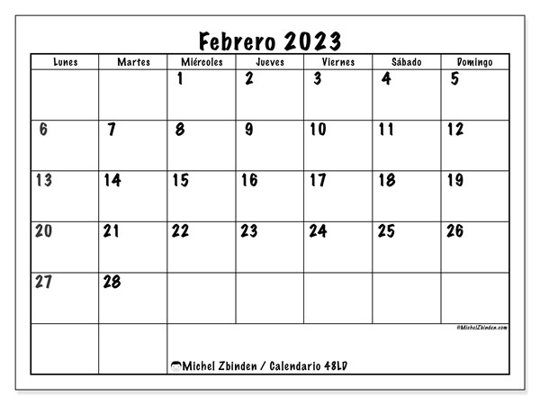 48LD, calendario de febrero de 2023, para su impresión, de forma gratuita.
