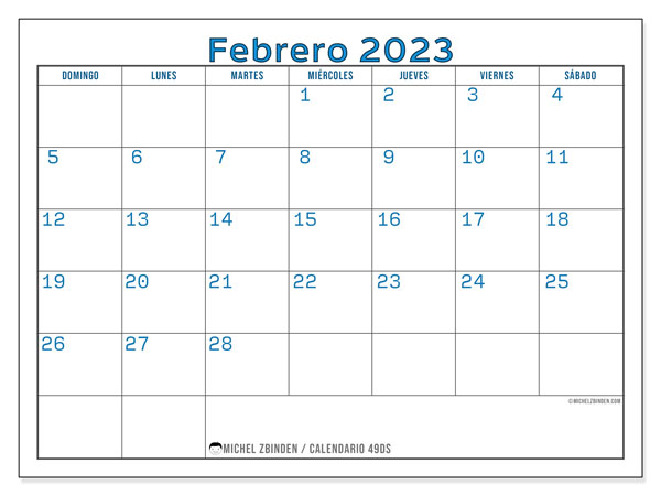 49DS, calendario de febrero de 2023, para su impresión, de forma gratuita.