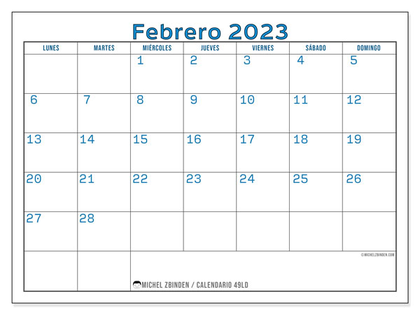 49LD, calendario de febrero de 2023, para su impresión, de forma gratuita.