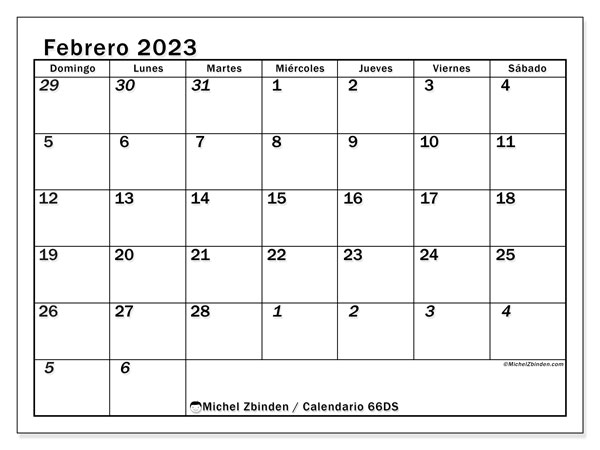 Calendario 501DS, febrero de 2023, para imprimir gratuitamente. Organizador imprimible gratuito