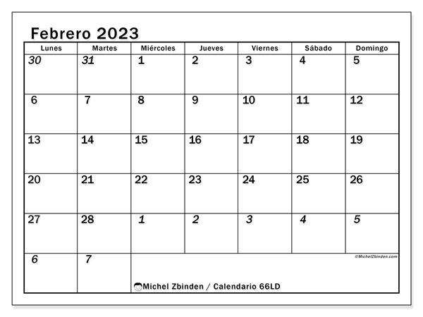 Calendario 501LD, febrero de 2023, para imprimir gratuitamente. Horario imprimible gratis