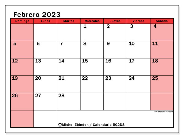 Calendario febrero de 2023 para imprimir. Calendario mensual “502DS” y almanaque gratuito para imprimir