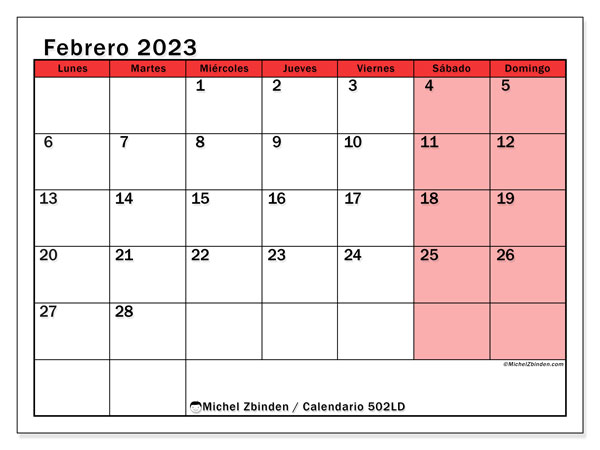 Calendario 502LD, febrero de 2023, para imprimir gratuitamente. Agenda imprimible gratuita