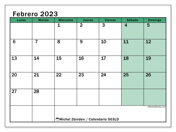 Calendario 503LD, febrero de 2023, para imprimir gratuitamente. Planificación imprimible gratuita
