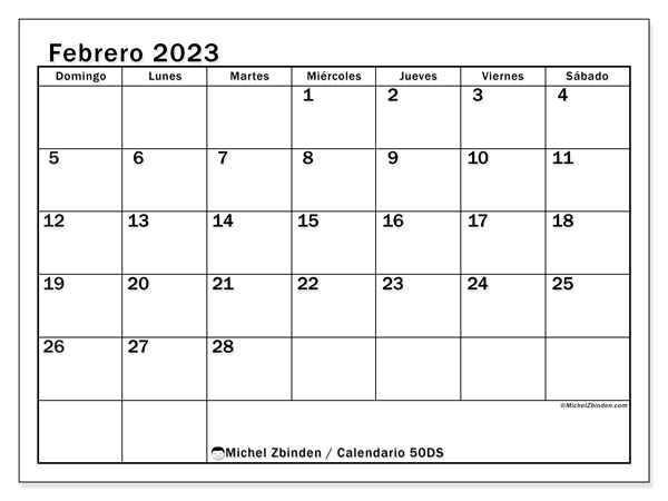 Calendario 50DS, febrero de 2023, para imprimir gratuitamente. Plan imprimible gratuito
