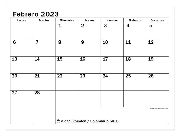 50LD, calendario de febrero de 2023, para su impresión, de forma gratuita.