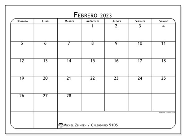 51DS, calendario de febrero de 2023, para su impresión, de forma gratuita.