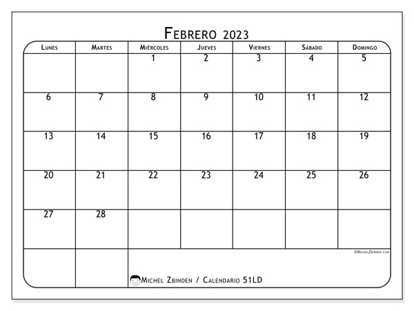 Calendario para imprimir, febrero 2023, 51LD